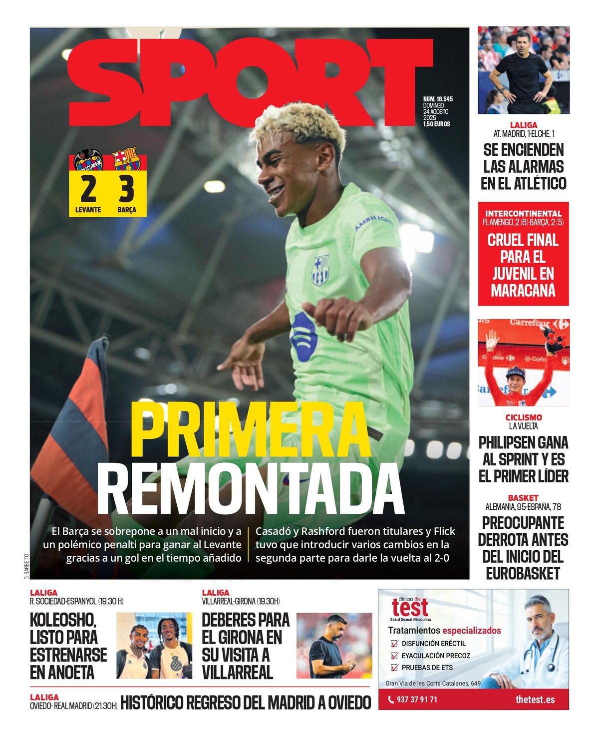 La portada SPORT de hoy domingo, 24 de agosto de 2025