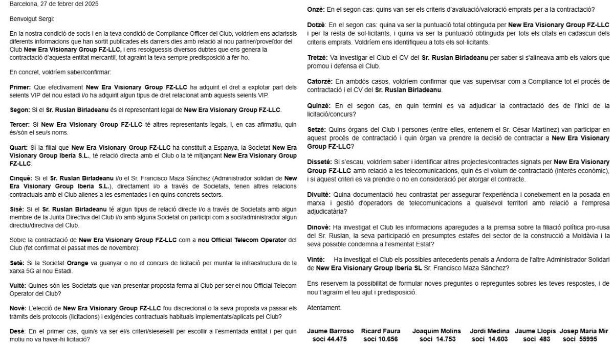 La carta de un grupo de socios al Compliance Officer del Barça