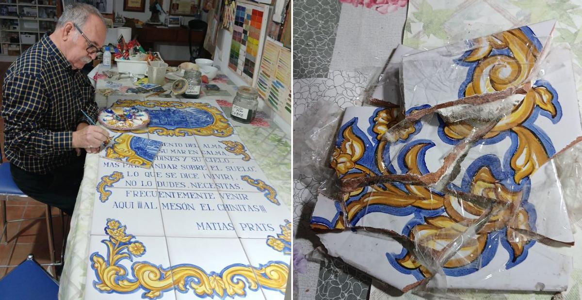José Luis Pavón, en pleno trabajo de restauración de los azulejos en su taller de Fuengirola y a la derecha, estado en el que llegó una de las baldosas de cerámica.