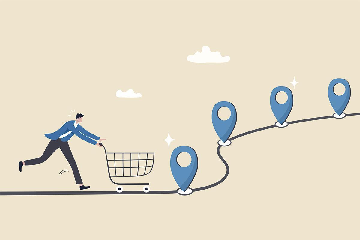 Customer journey, process or milestone for customer to experience until purchase product, marketing strategy analysis, advertising concept, man with trolley shopping cart on customer journey map.