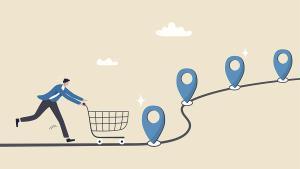 Customer journey, process or milestone for customer to experience until purchase product, marketing strategy analysis, advertising concept, man with trolley shopping cart on customer journey map.