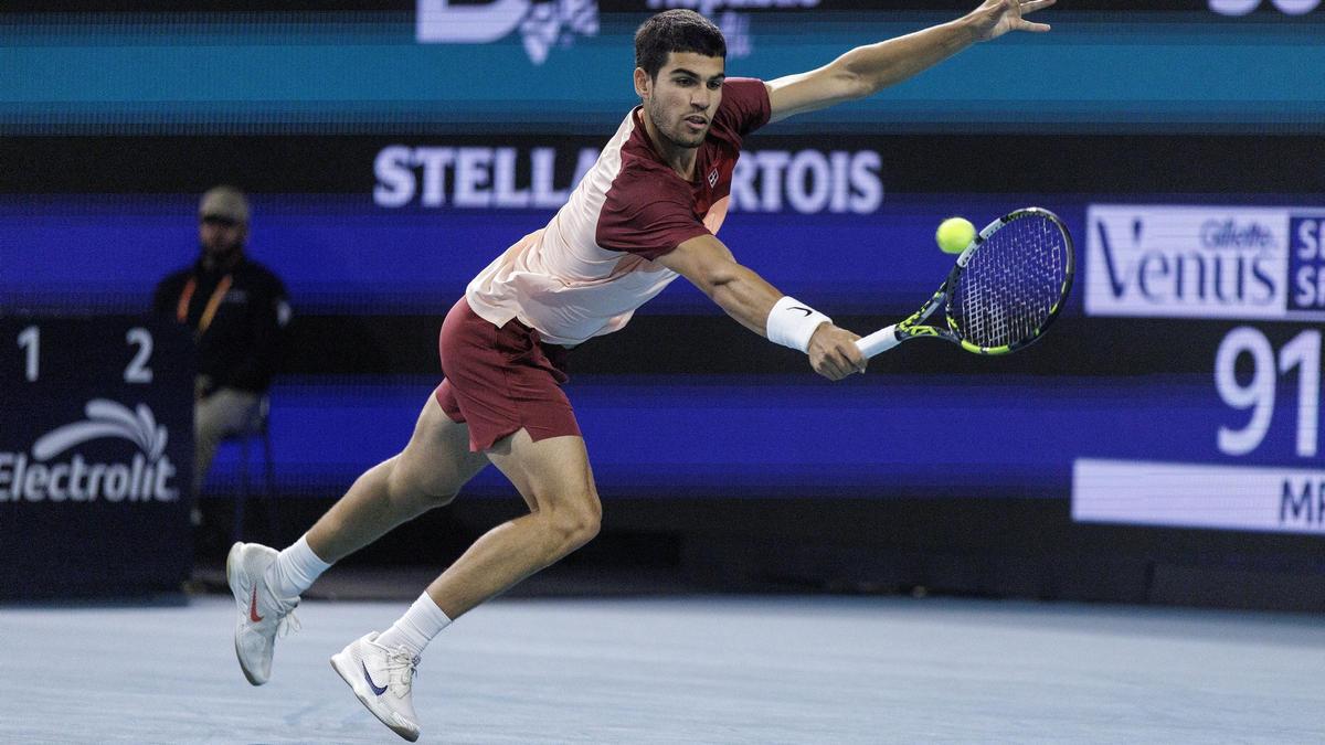 Carlos Alcaraz, durante el partido ante David Goffin en el Masters 1000 de Miami