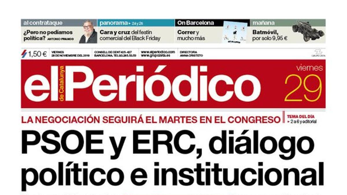 La portada de EL PERIÓDICO del 29 de noviembre del 2019