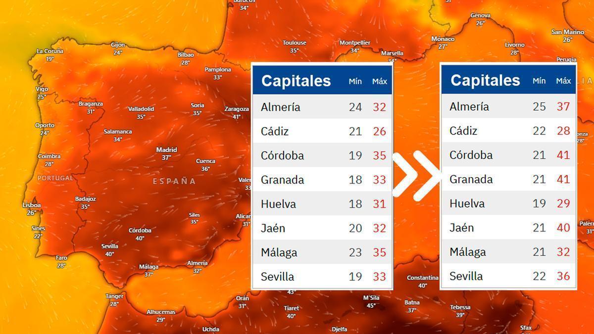 Temperaturas en Andalucía este sábado y el próximo martes en las capitales andaluzas.