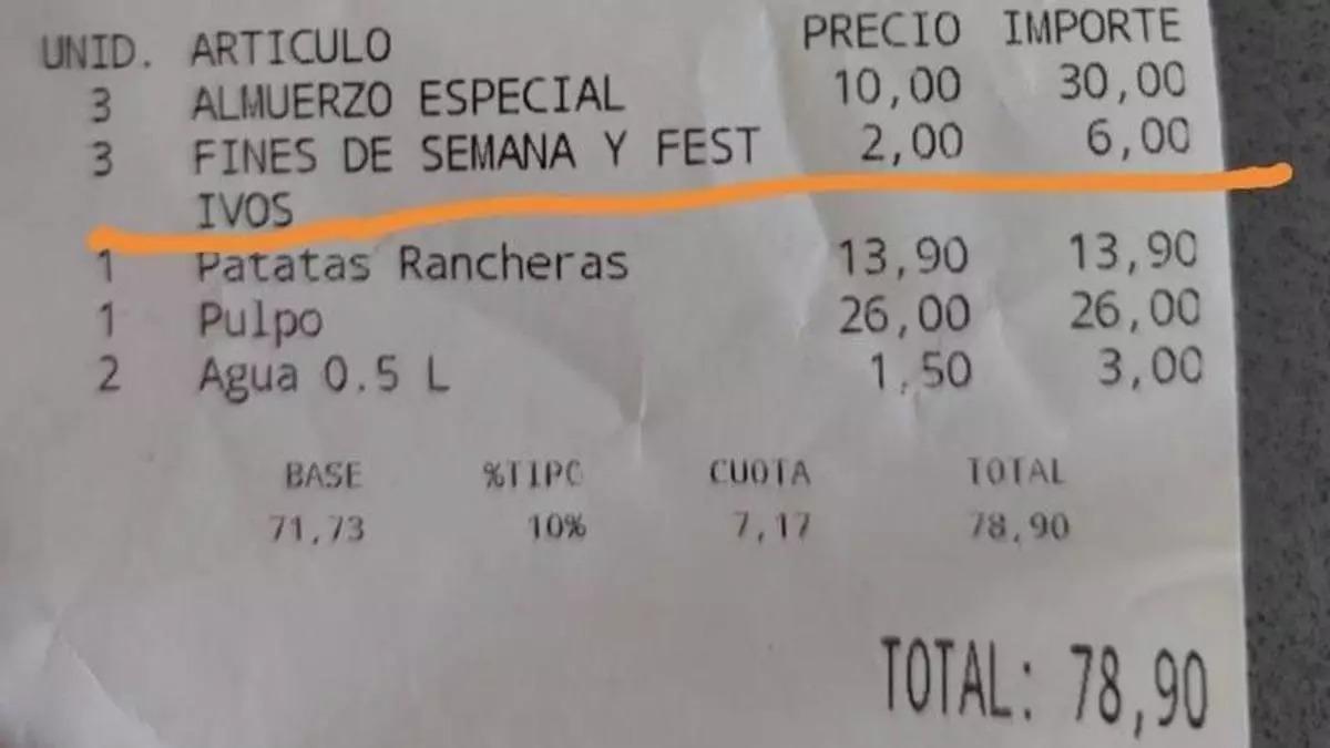 La cuenta del amuerzo en un restaurante de Torrent.