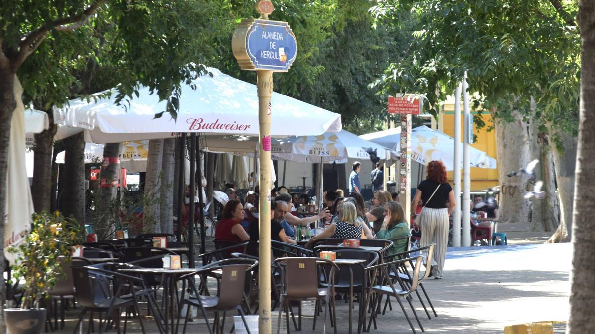 Un bar con veladores en la Alameda de Hércules en Sevilla, en una imagen de archivo.