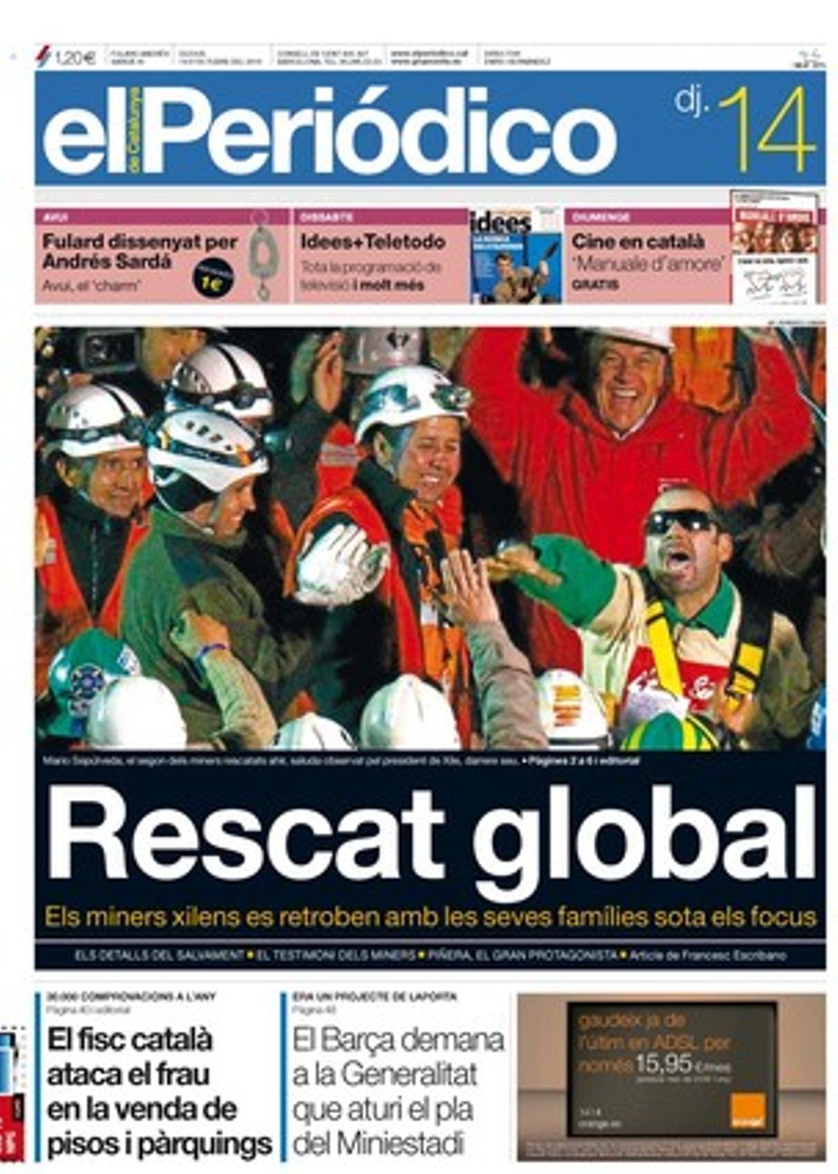 EL PERIÓDICO destaca, a més dels temes de portada, el dilema de com pal·liar la pèrdua de sorra a les platges catalanes, que el ’botellón’ conflictiu s’aplega a la plaça de George Orwell de Barcelona, que Brussel·les vol auditores objectives i independents de la banca europea, que l’històric teatre barceloní El Molino gira cap al futur i que Intereconomía guanya teleespectadors a costa de TVE.