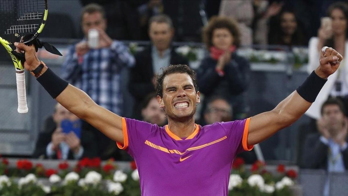 Rafa Nadal celebra la victoria ante el australiano Kyrgios, este jueves en Madrid.