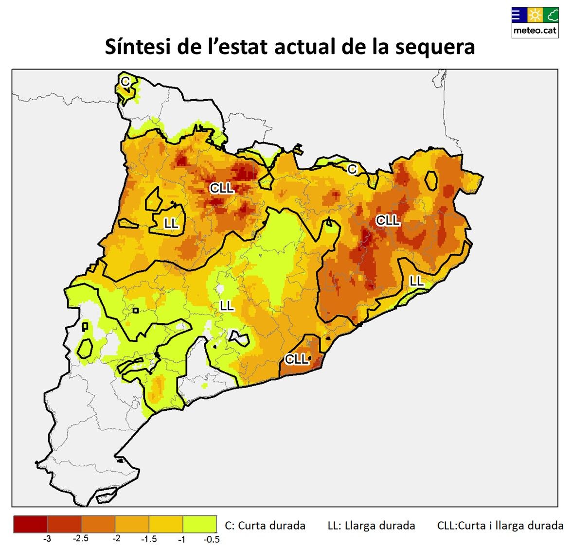 Síntesi de l’estat actual de la sequera a partir de l’estima de les condicions de dèficit hídric a curt (3 i 6 mesos) i llarg termini (12 i 24 mesos).