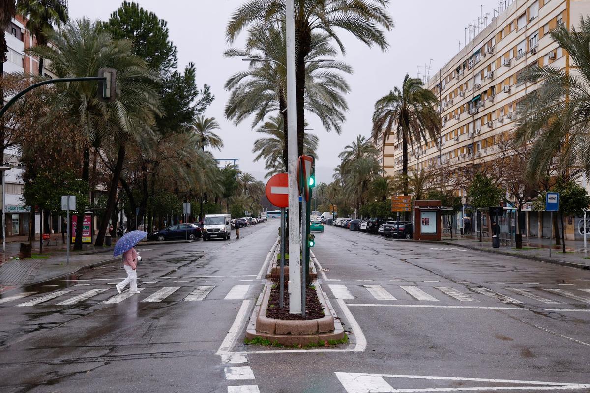 Aspecto de una solitaria avenida de Granada en medio de los avisos por la borrasca Leonardo.
