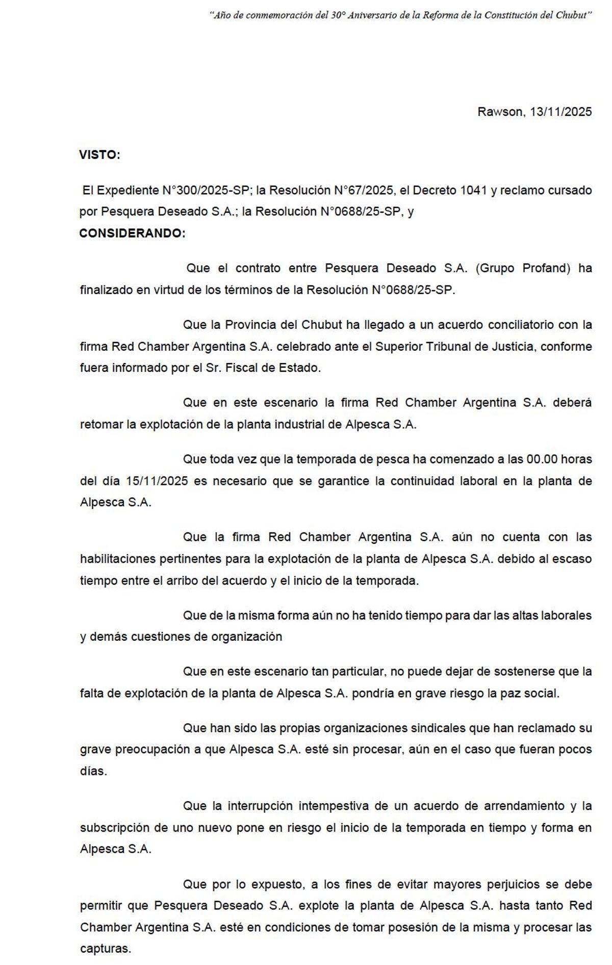 Resolución del gobierno de Chubut