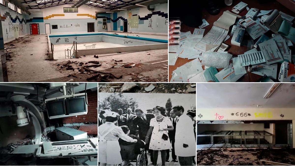 De izquierda a derecha y de arriba abajo, el estado actual de la piscina principal de rehabilitación del viejo HUCA; restos de medicamentos, entre ellos fentanilo y morfina pura; un angiógrafo, desvalijado; una fotografía de una visita de los Reyes a la ciudad sanitaria, hallada entre los escombros, y los frigoríficos de la morgue, saqueados y vandalizados.