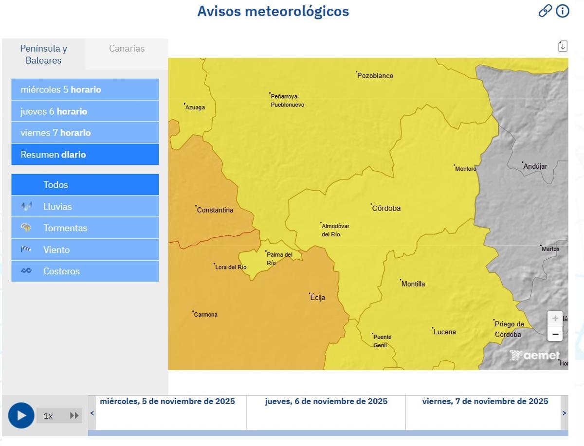El mapa de avisos meteorológicos de la Aemet tiene toda la provincia de Córdoba en nivel amarillo.