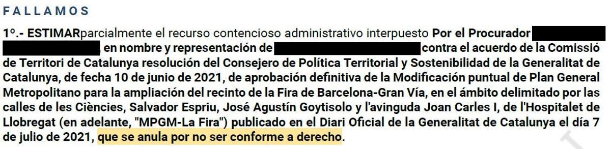 Extracto del fallo de la sentencia judicial que anula el plan urbanístico de la ampliación de La Fira.