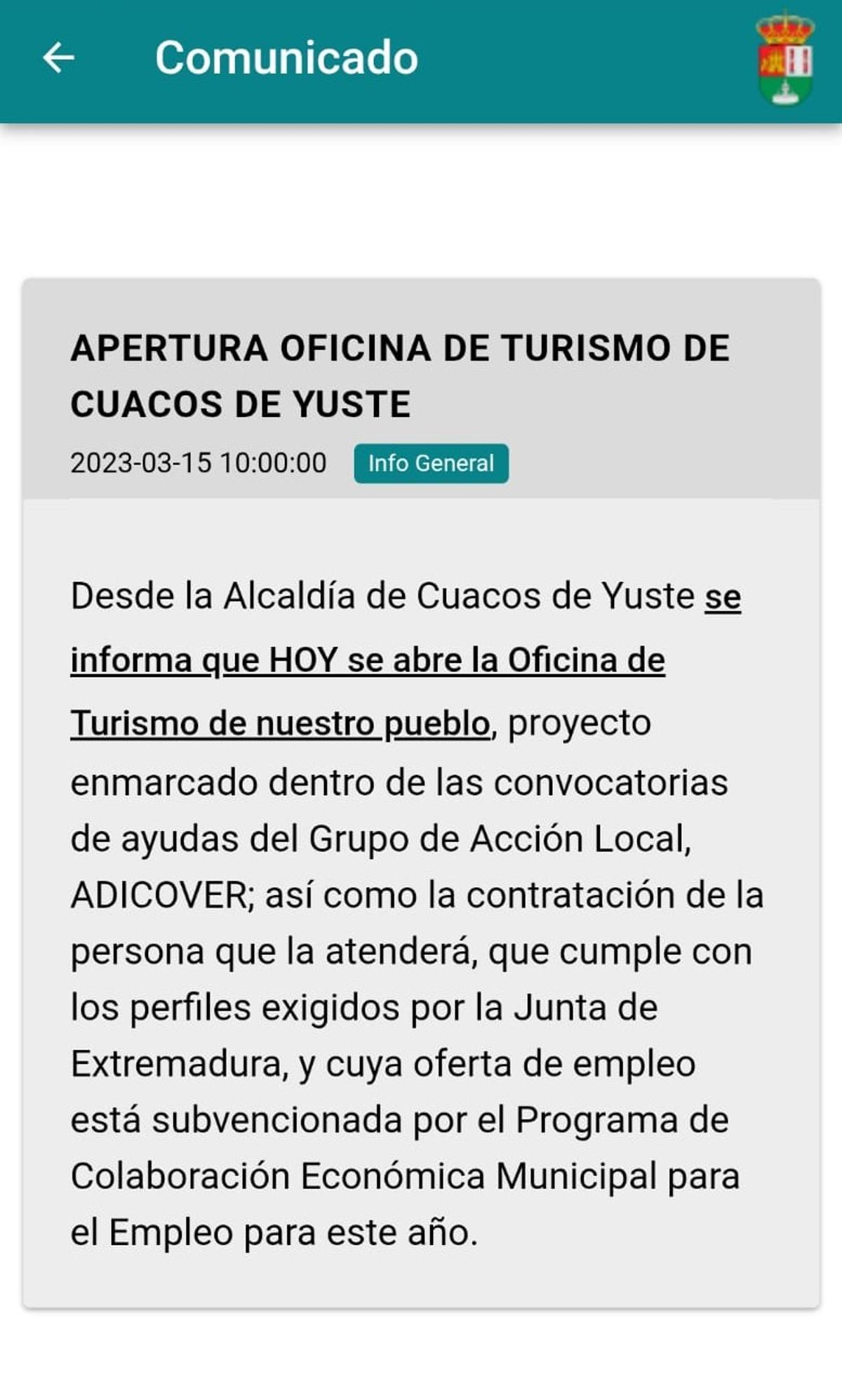 Comunicado de apertura de la oficina de turismo.