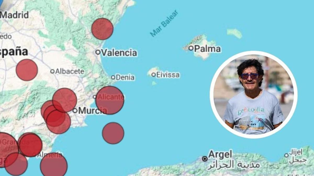 Collage de un mapa de sísmos registrados en las útlimas décadas en España y el geólogo Luis Alberto Tostón.