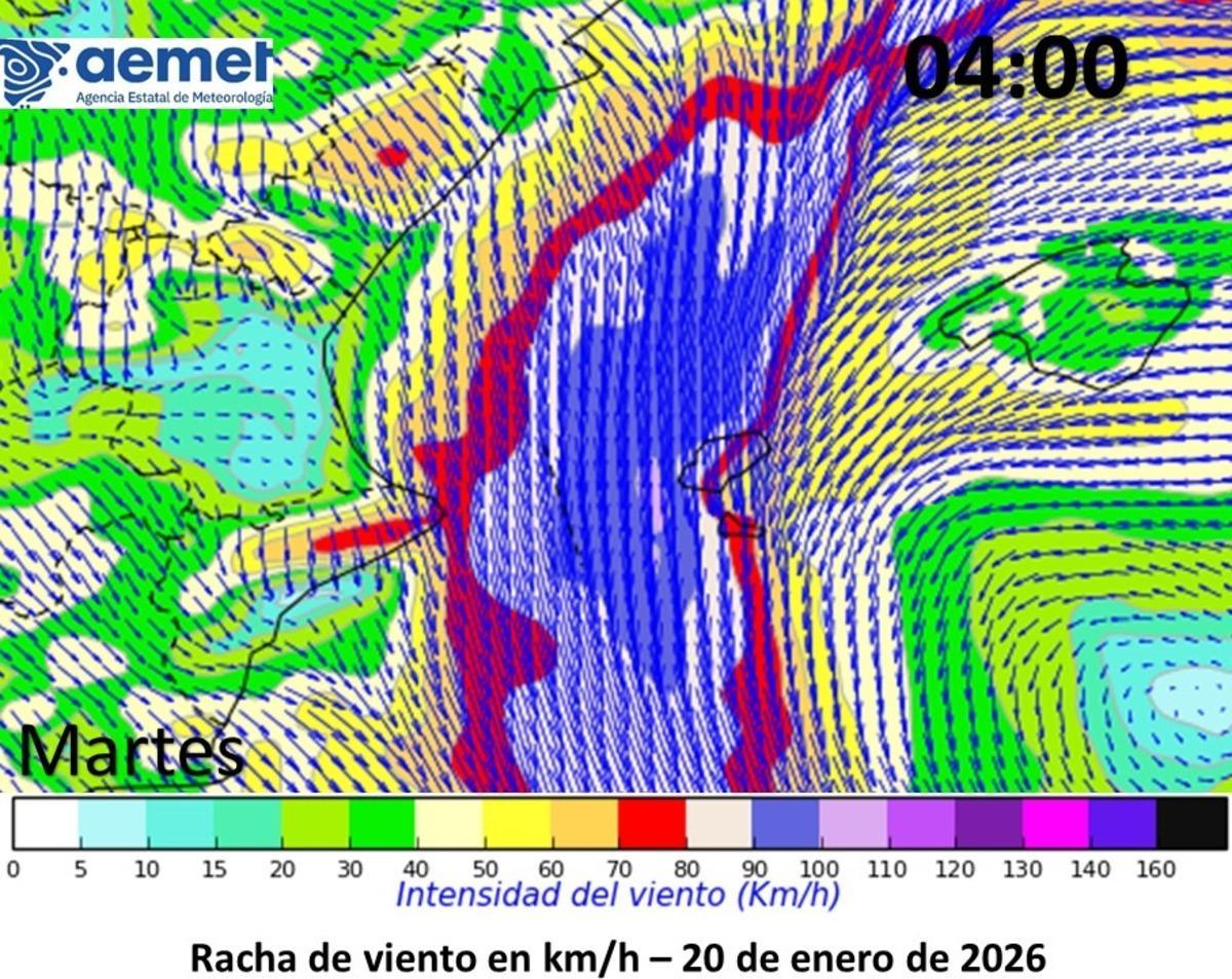 El viento previsto en el Golfo de Valencia a las 4.00 horas del martes, según la Aemet.
