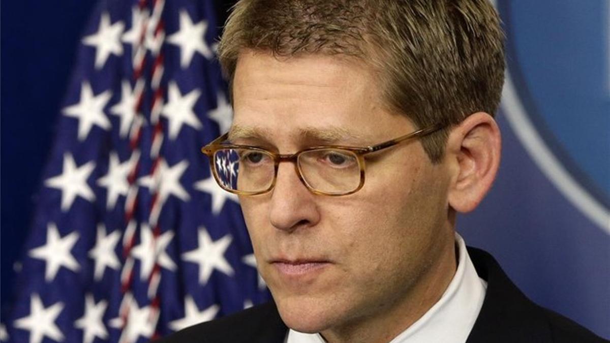 Jay Carney, portavoz de la Casa Blanca, en la rueda de prensa de esta tarde.