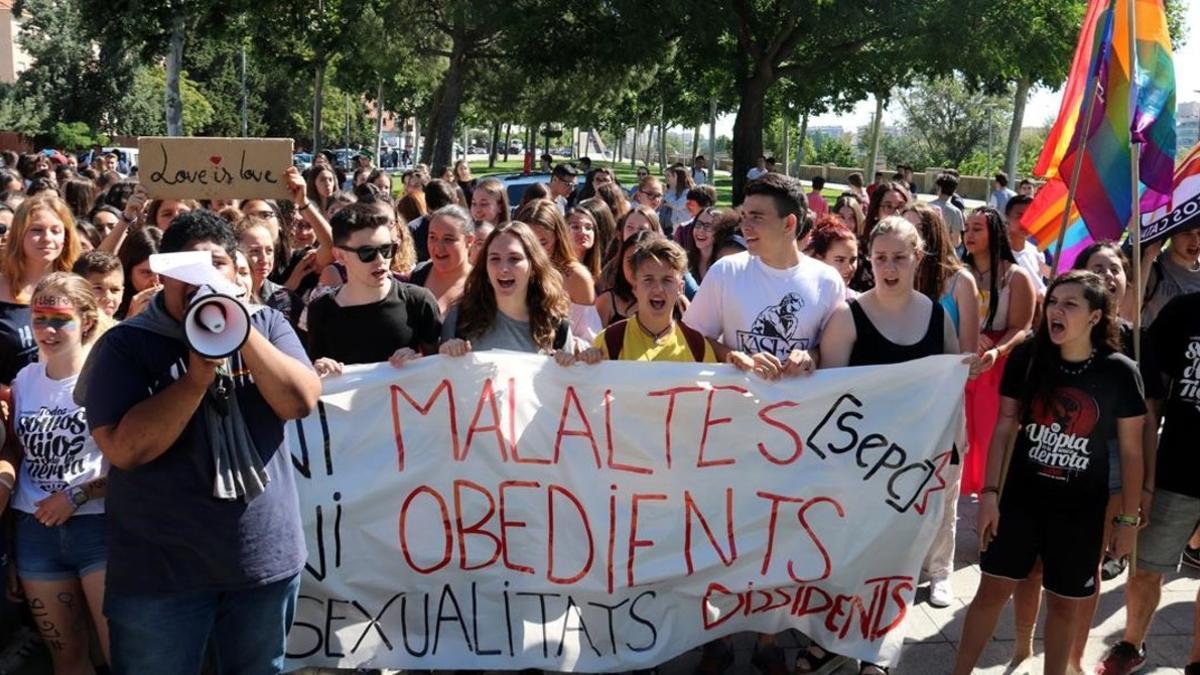 Protesta de alumnos del instituto Gili Gaya en Lleida contra la homofobia.