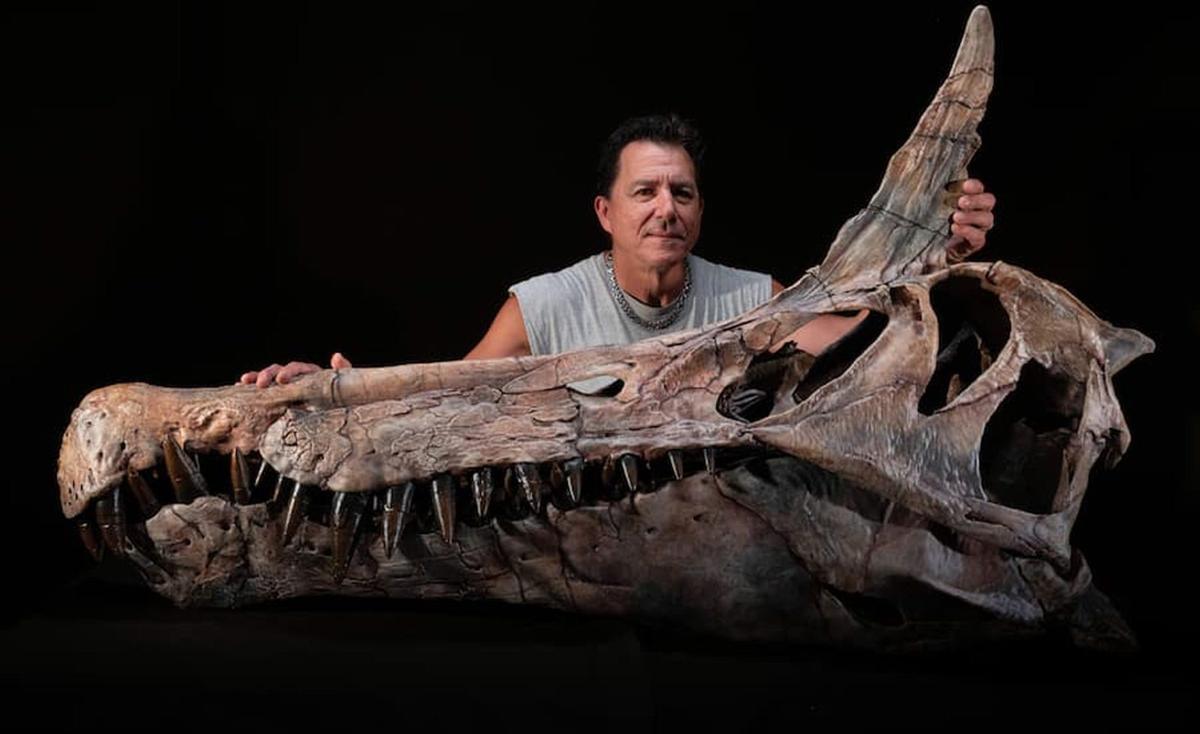 El investigador Paul Sereno, con el cráneo del Spinosaurus mirabilis