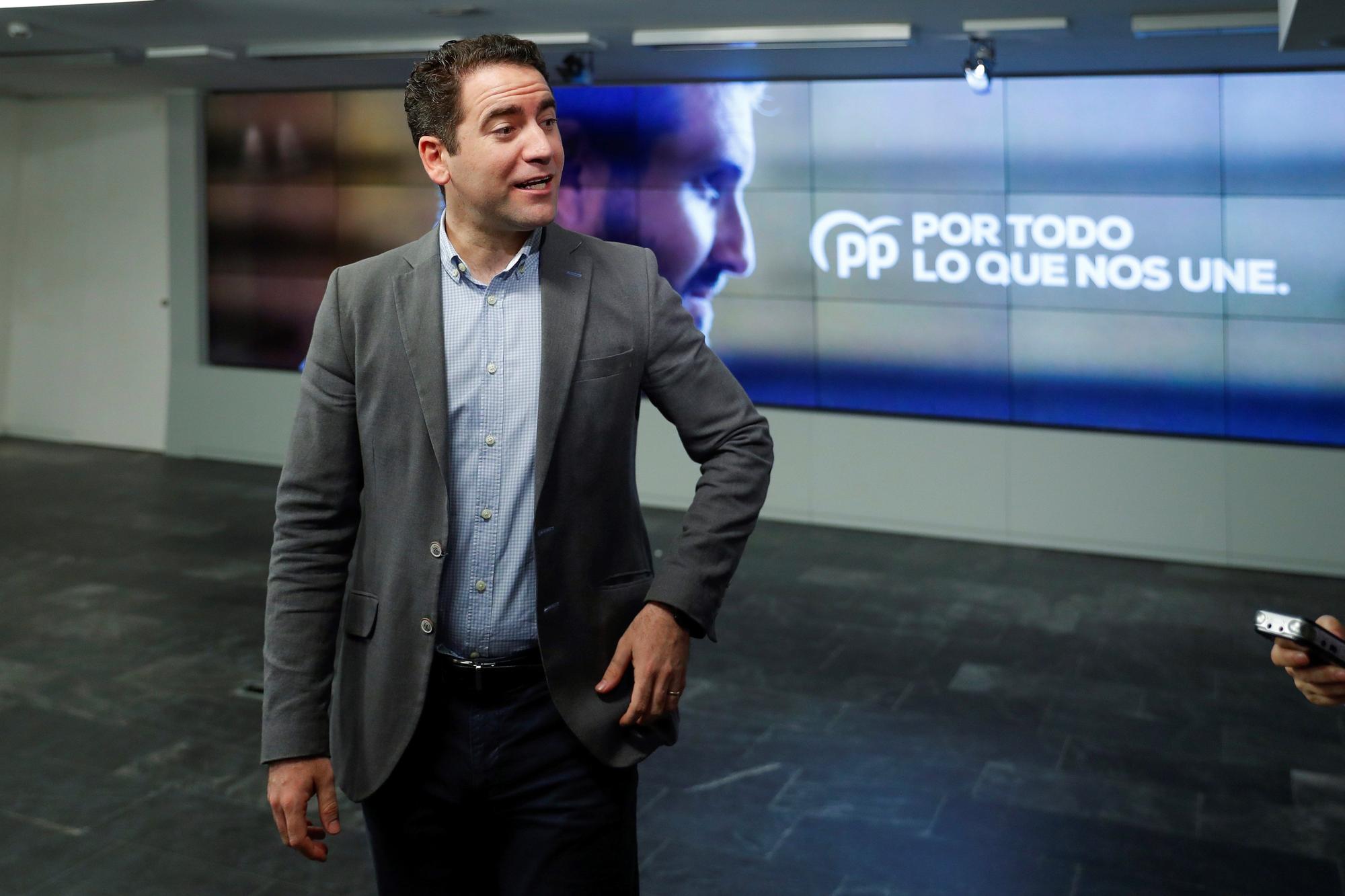 El secretario general de PP, Teodoro García Egea, durante la rueda de prensa en la sede del partido.