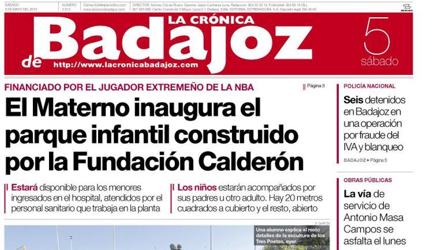 Esta es la portada de LA CRÓNICA DE BADAJOZ correspondiente al día 5 de mayo del 2018