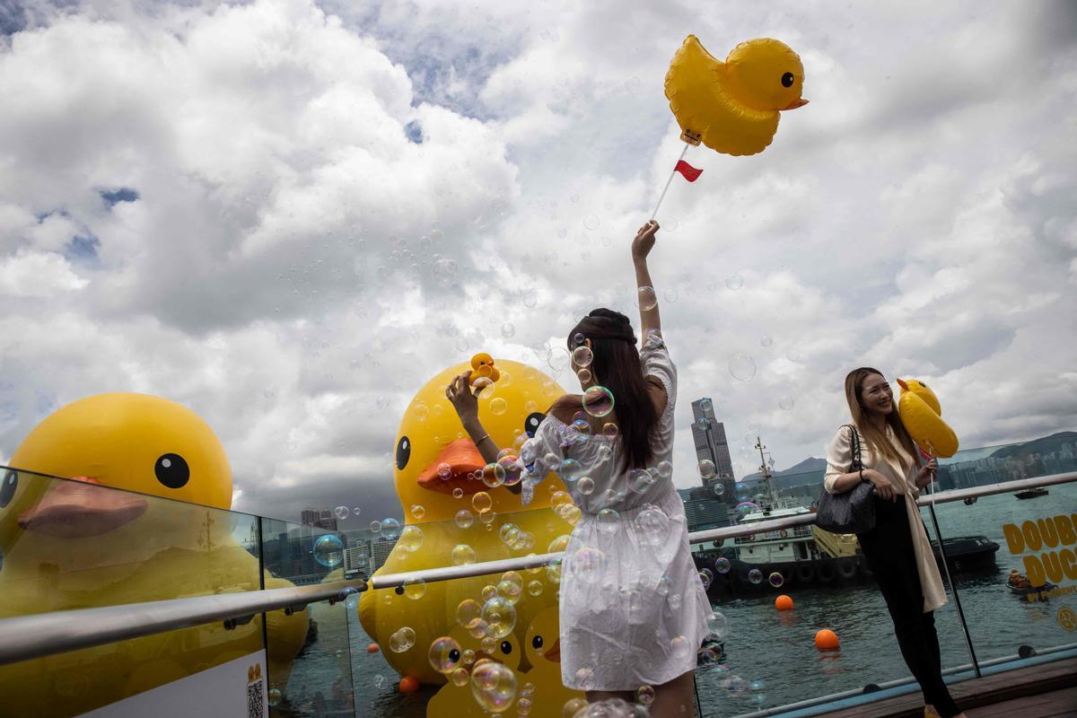 Los patos de goma del artista Florentijn Hofman, en el puerto de Hong Kong