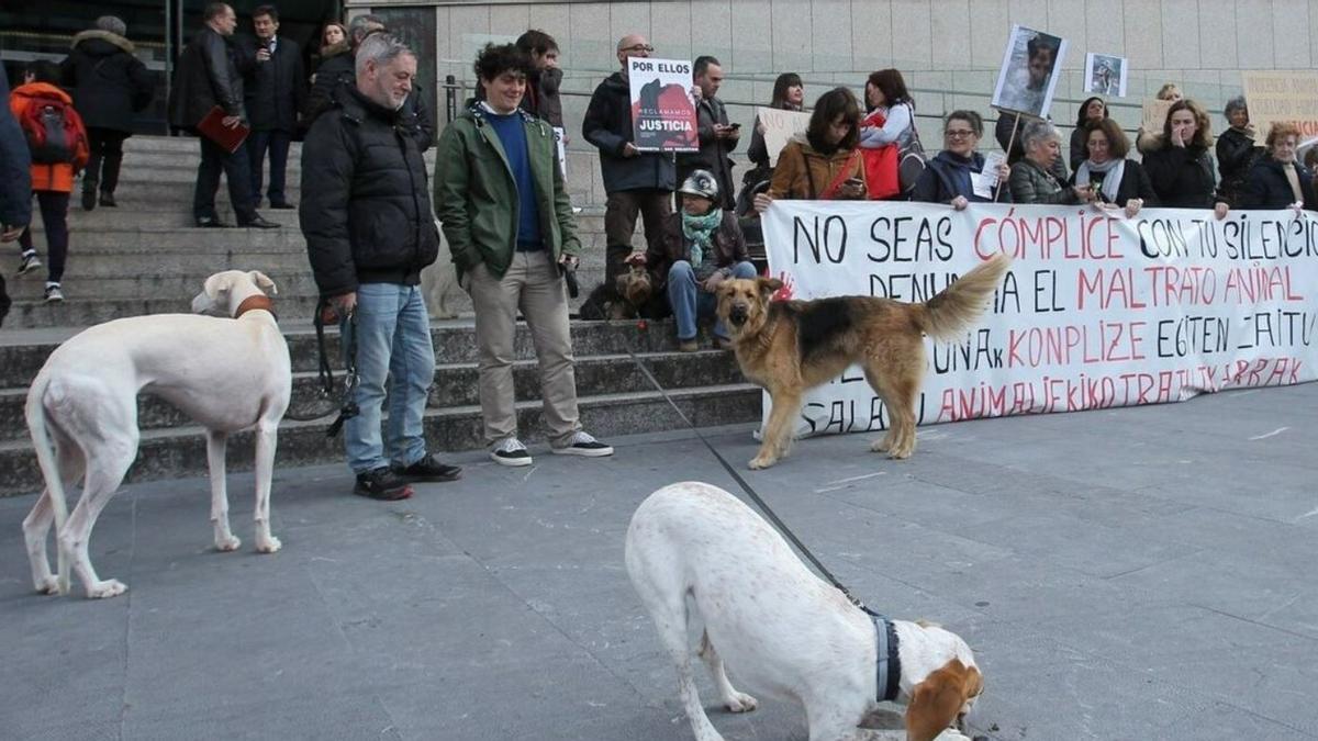 Concentración a la entrada de los juzgados de Donostia de la plataforma contra el maltrato animal de Gipuzkoa.