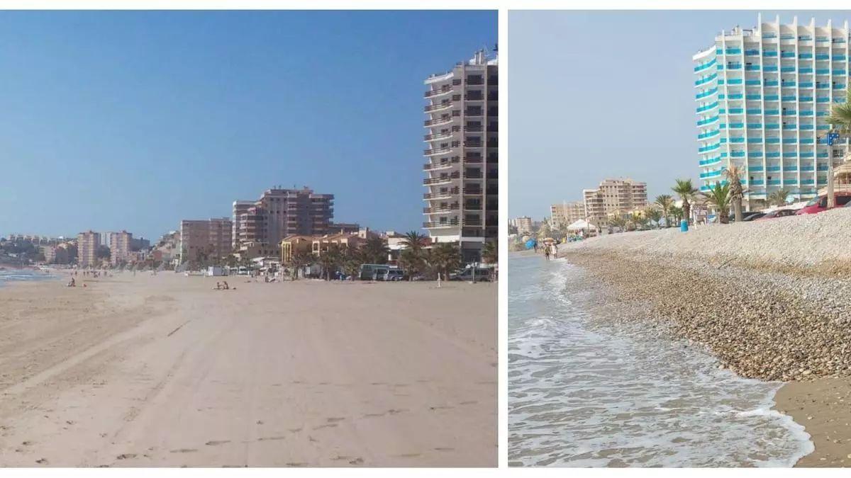 ANTES Y AHORA. A la izquierda, la playa de Morro de Gos d’Orpesa, con el edificio Koral a la derecha, en el 2015. A la derecha, aspecto de esa playa, con el mismo edificio (ahora en azul), en septiembre del 2023.