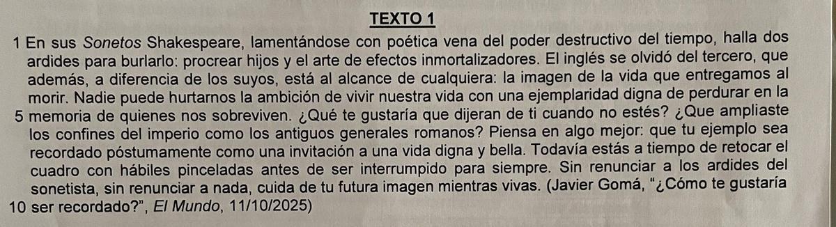 Primer texto del examen de PAU 2026 de Lengua Castellana y Literatura de la modalidad de Ciencias en Madrid