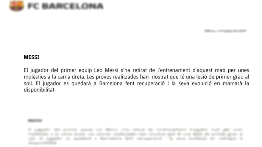 El parte médico que informa de la lesión de Leo Messi