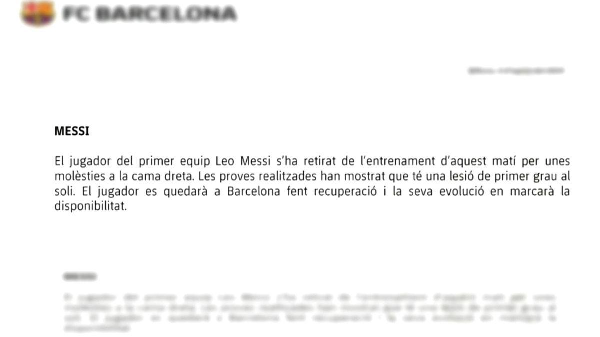 El parte médico que informa de la lesión de Leo Messi.