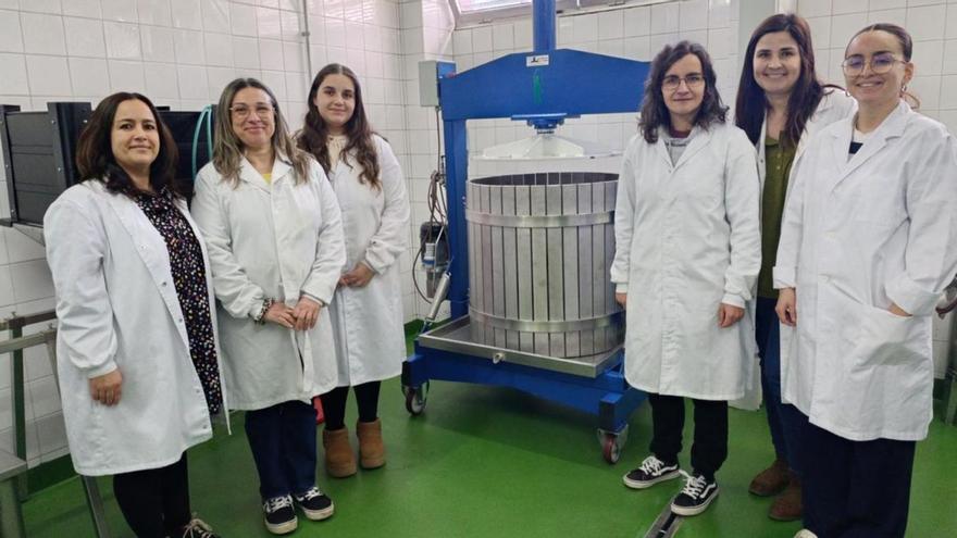 Por la izquierda, Carmen Roldán, jefa de departamento, con las alumnas Nuria Barjola, Adriana Ramírez, María Fernández y Alicia Calzón, y la docente Carmen Arana, en el llagar del centro educativo poleso. | L. R.