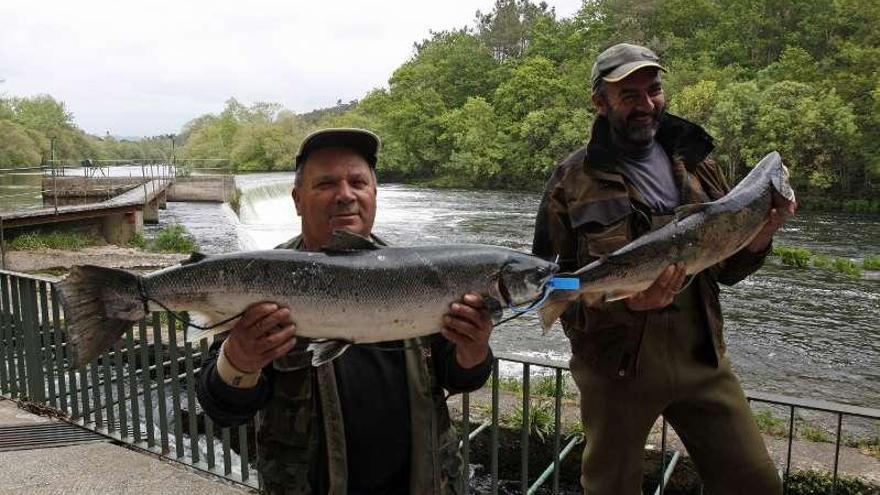 Los pescadores que capturaron el pasado año el tercer y segundo salmón del Ulla. // Bernabé/C.M.