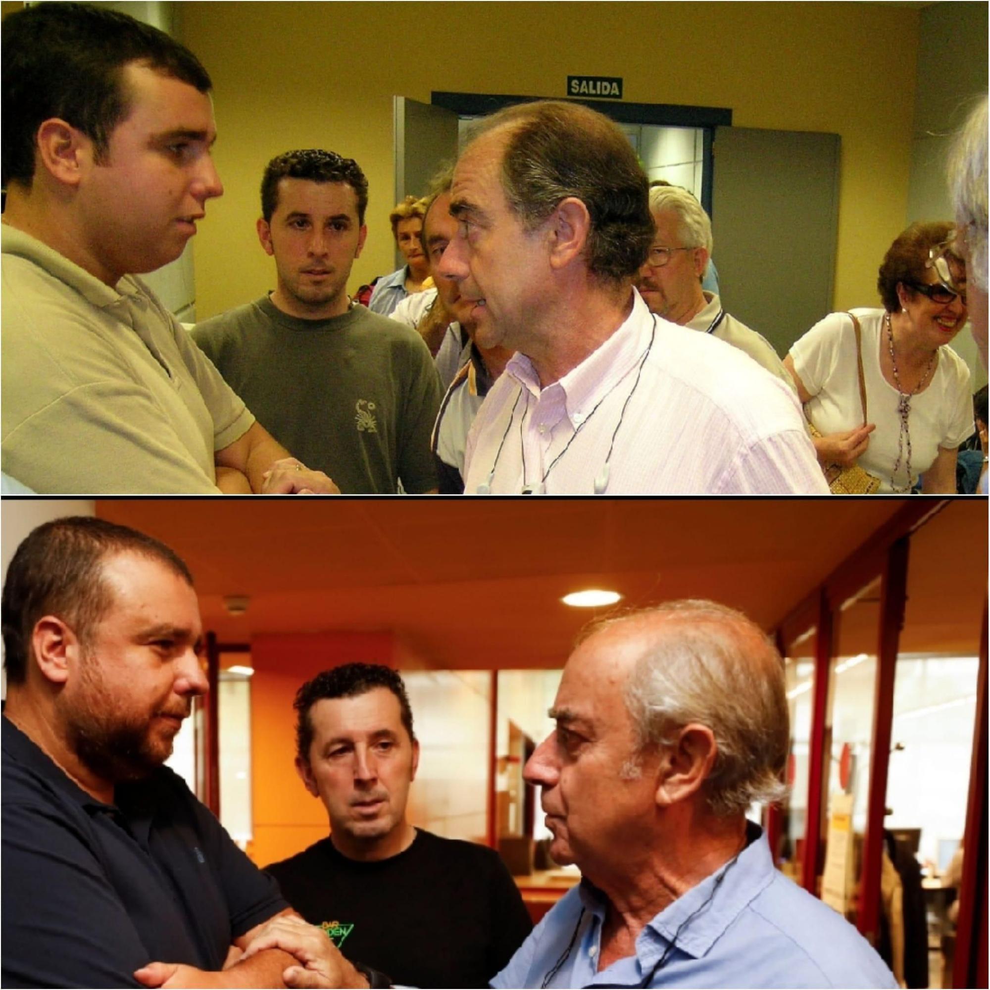Toño Bernardo, Amado Carril y Manolo Lafuente en  2003 (arriba) y esta semana (abajo).