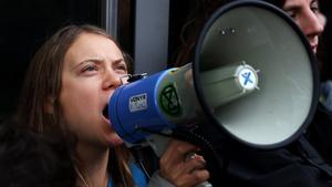 Greta Thunberg joins Fossil Free London protest at Canary Wharf in London