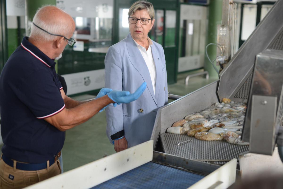 El patrón mayor de Bueu, José Manuel Rosas, junto a la conselleira do Mar, Rosa Quintana, en la máquina clasificadora del pulpo después de la apertura de la campaña.