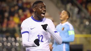 Randal Kolo Muani celebra uno de sus goles en el Bélgica-Francia.