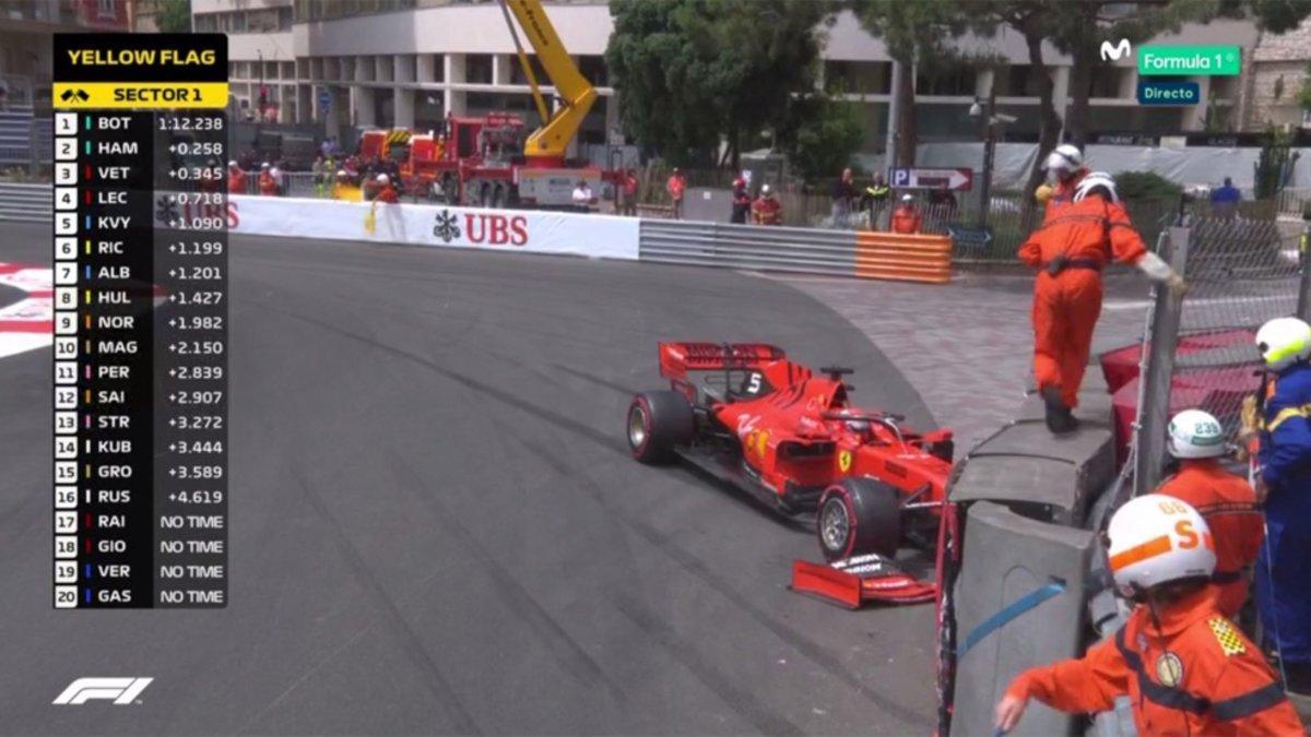 Esta es la imagen del Ferrari de Sebastian Vettel tras el impacto durante la sesión de entrenamientos libres del GP de Mónaco