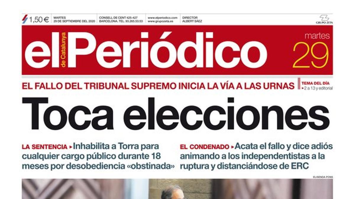 La portada de EL PERIÓDICO del 29 de septiembre del 2020.