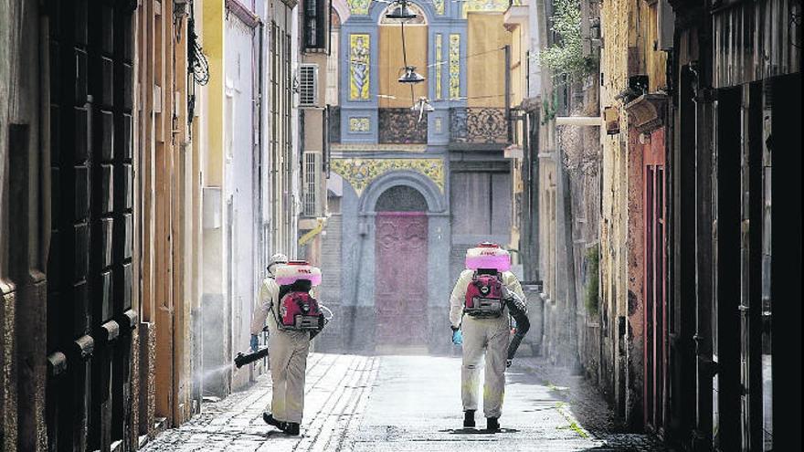 Dos operarios desinfectando ayer una calle en Santa Cruz.