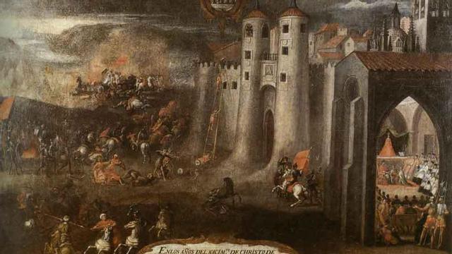 Cuadro anónimo sobre la llegada de la Virgen de la Concha a Zamora que representa, idealizada, la Puerta de Doña Urraca.