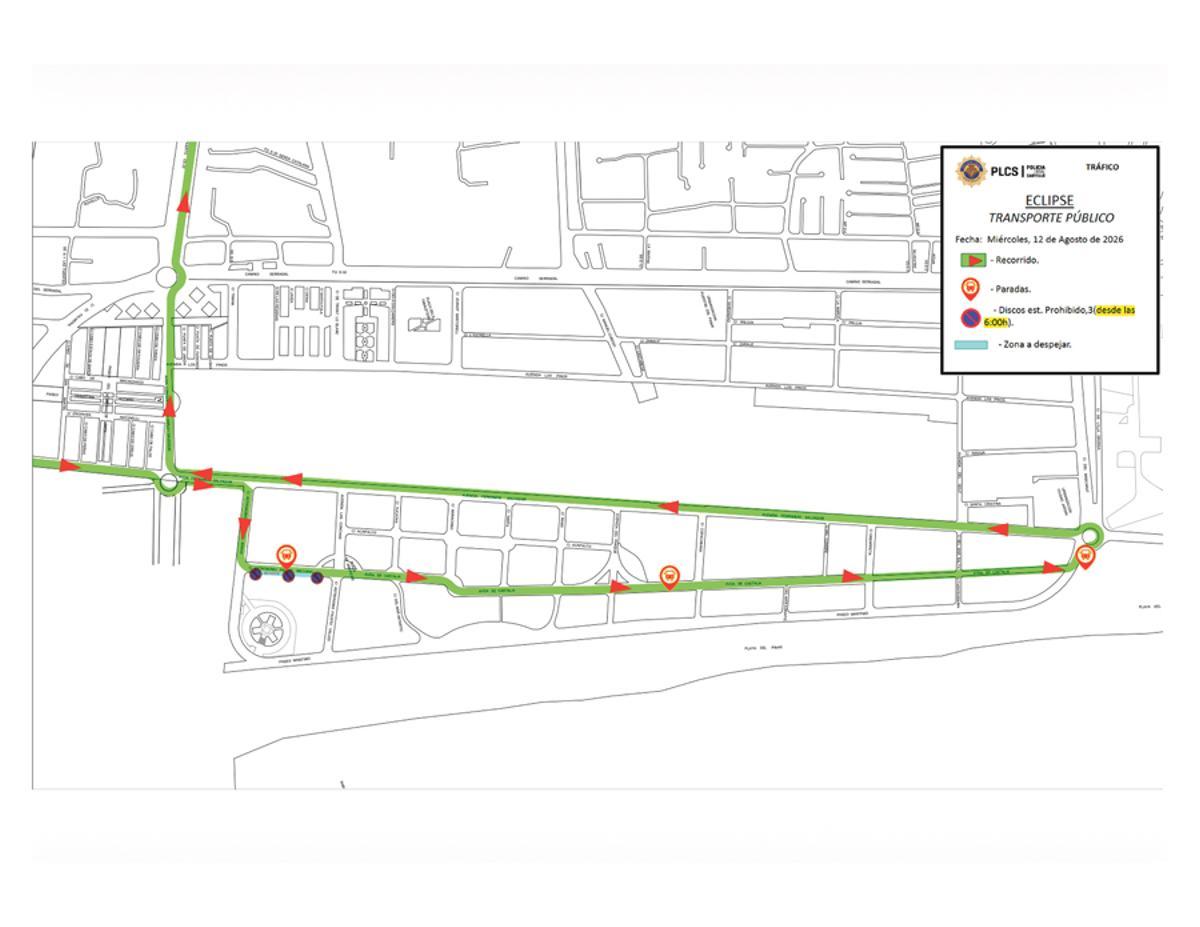 Recorrido y paradas del tansporte público previsto para el 12 de agosto por las inmediaciones de la playa.
