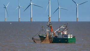 Un barco de pesca, en el norte de Europa, con un parque eólico marino al fondo.