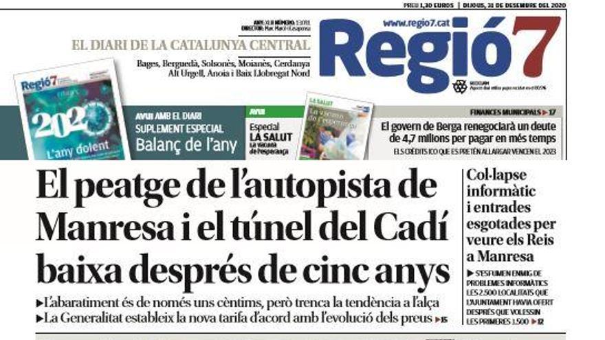 La portada de Regió7 d&#039;avui, 31 de desembre