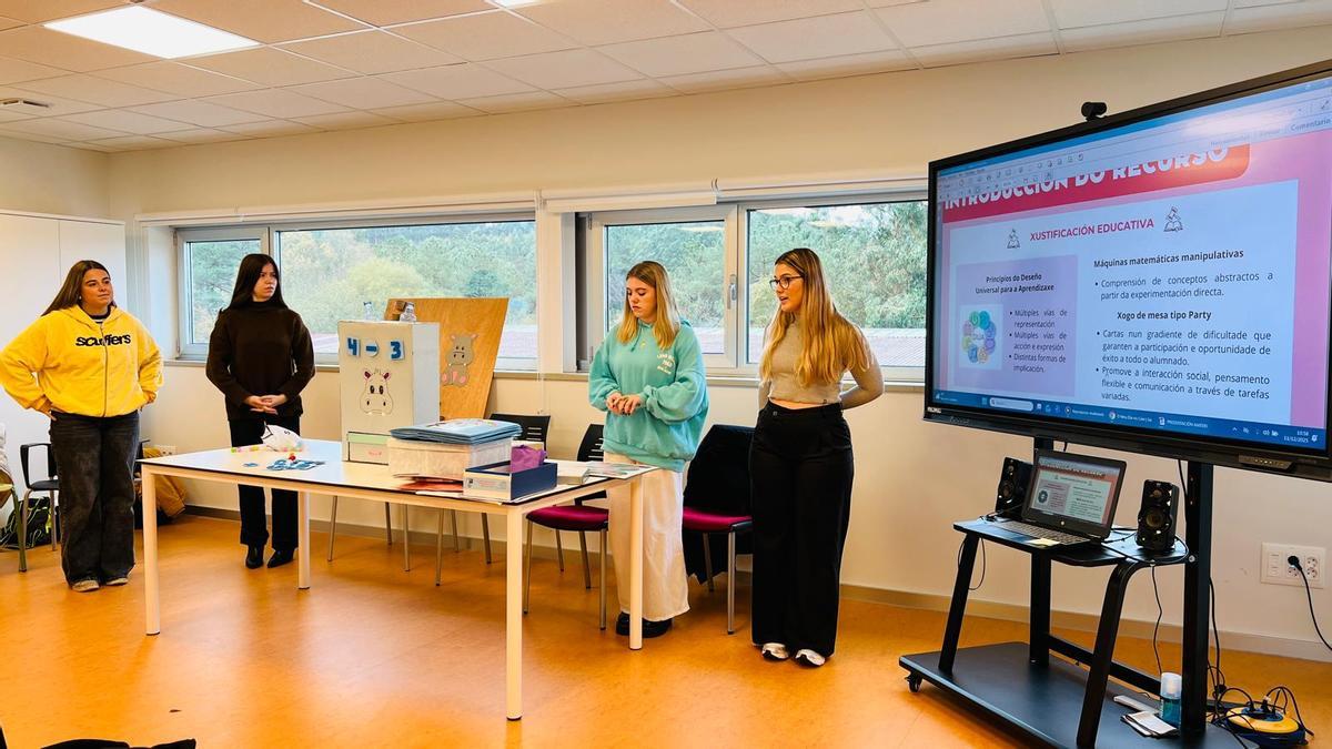 Alumnas da USC presentando os recursos deseñados para Aspaber.