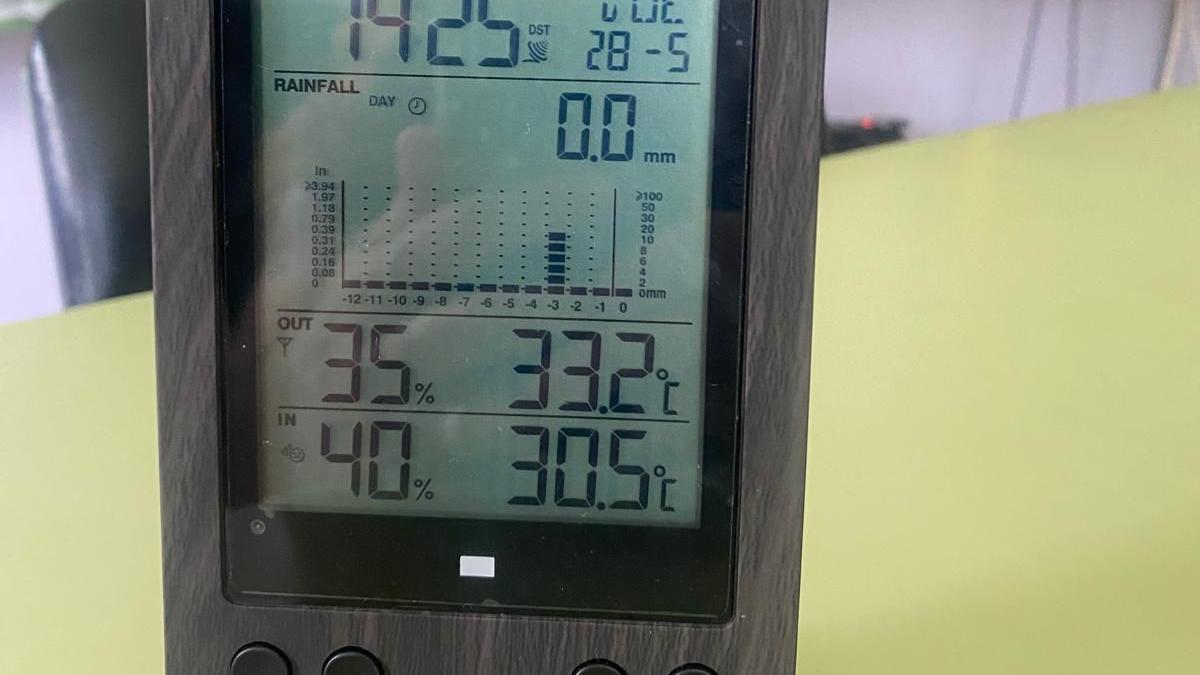 Termómetro en una clase del colegio Vega de Guceo de Turón (Mierez) que marca 33,2 grados en el exterior y 30,5 en el interior