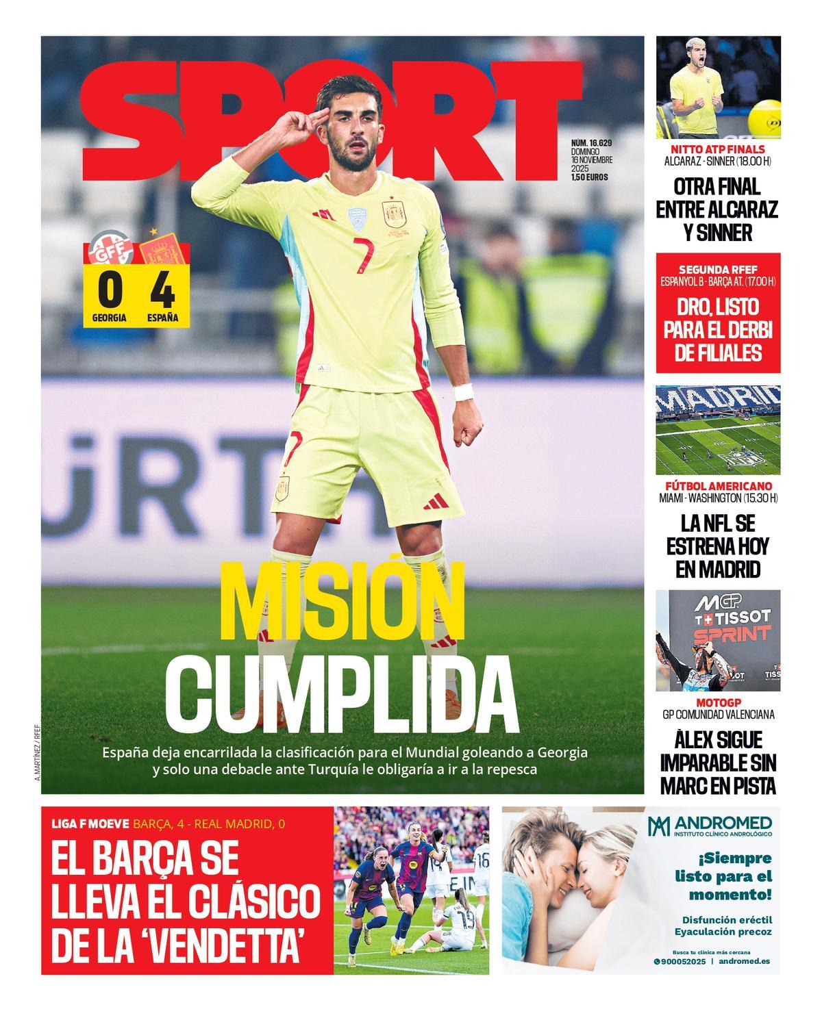 Esta es la portada de SPORT de hoy domingo, 16 de noviembre de 2025