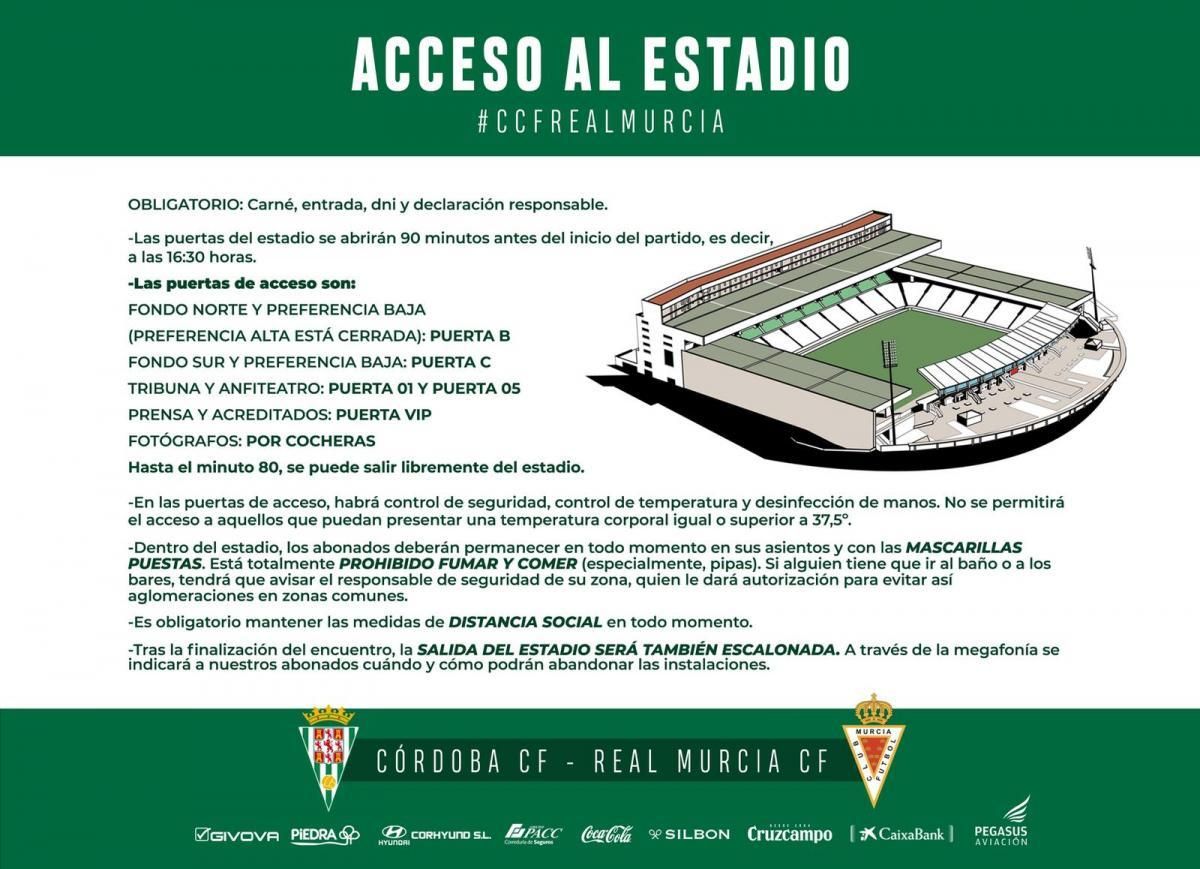 ¿Cuál es el protocolo para asistir al partido entre el Córdoba y el Murcia en El Arcángel?