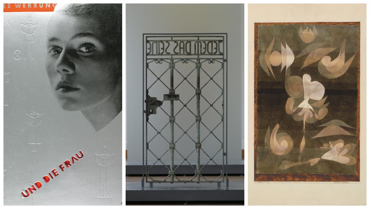 Varios detalles de la exposición sobre la Bauhaus y el nazismo, entre ellos la verja de un campo de concentración con la frase "Jedem das Seine", a cada uno lo suyo.